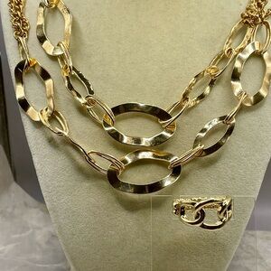 Gold Tone 46 inches Long Oval Link Layered Chain Necklace with Stretch Ring